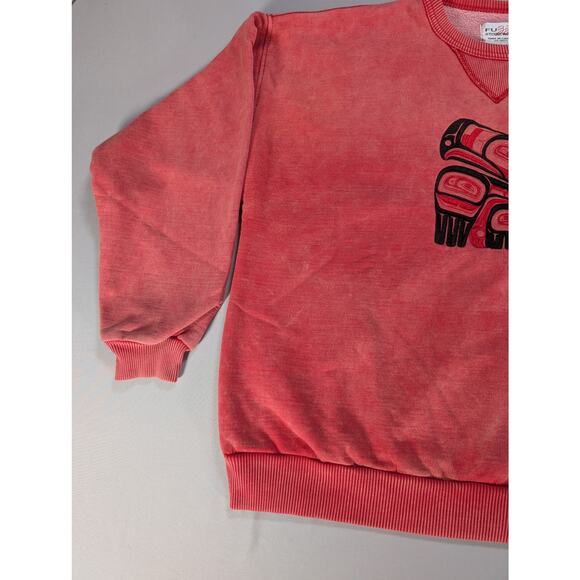 VTG Fuzzy Stonewash Sweatshirt S Red Made Canada Native Bear Graphic 90s Crew - Picture 8 of 9
